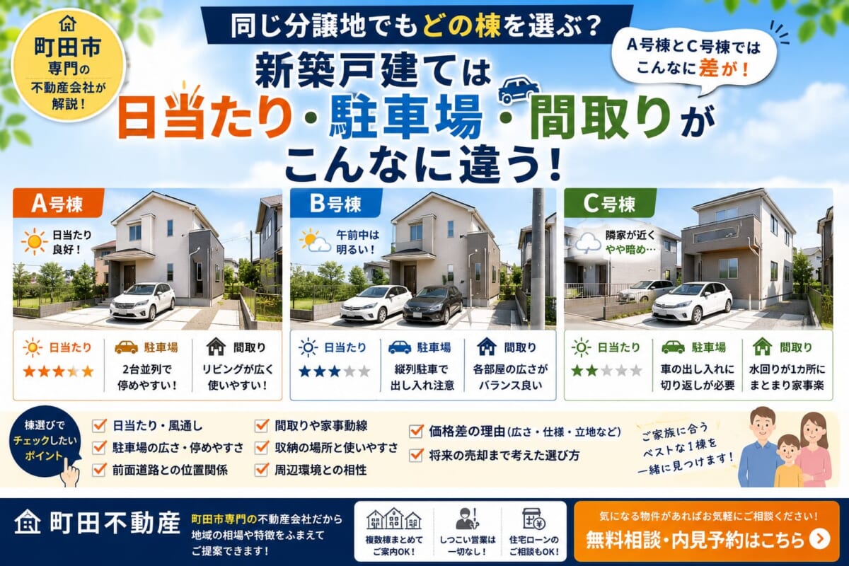 同じ分譲地でもどの棟を選ぶ？新築戸建ては日当たり・駐車場・間取りがこんなに違う